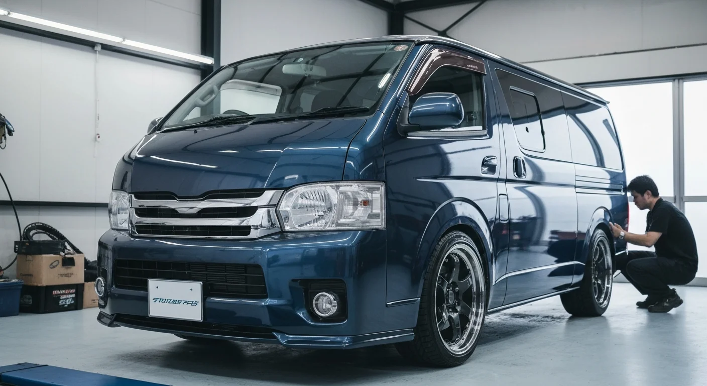 ハイエースの車体前方と足回りを斜めから捉えた写真